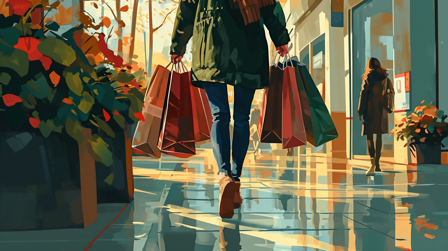 a woman walking through the mall carrying lots of shopping bags. Credit card debt and scams.